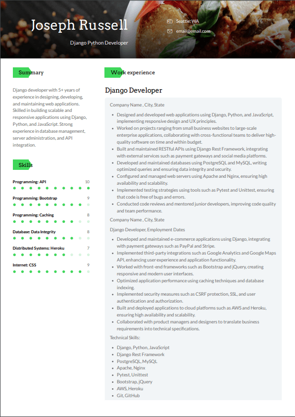Django Python developer resume example