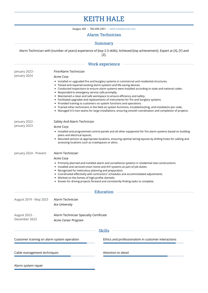 Alarm Technician Resume Sample and Template