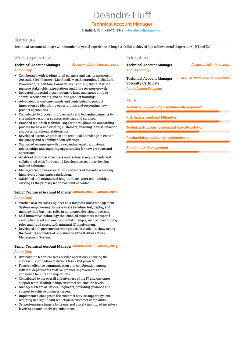 Technical Account Manager Resume Sample and Template