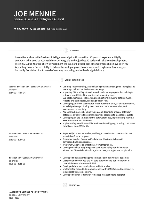 business intelligence analyst resume examples
