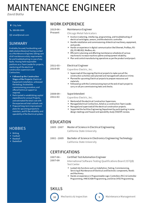 Electronics Maintenance Engineer Resume Sample and Template