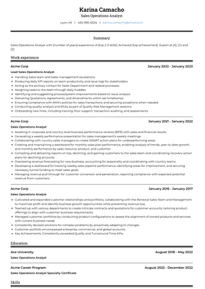 Sales Operations Analyst Resume Sample and Template