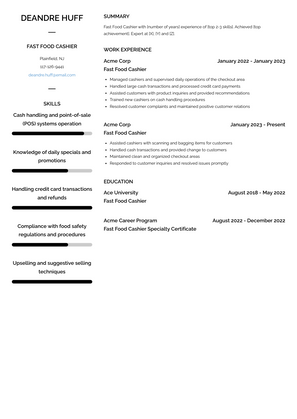 Fast Food Cashier Resume Sample and Template