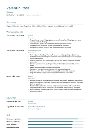 Shipper Resume Sample and Template