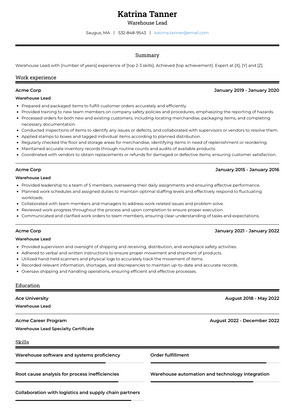 Warehouse Lead Resume Sample and Template