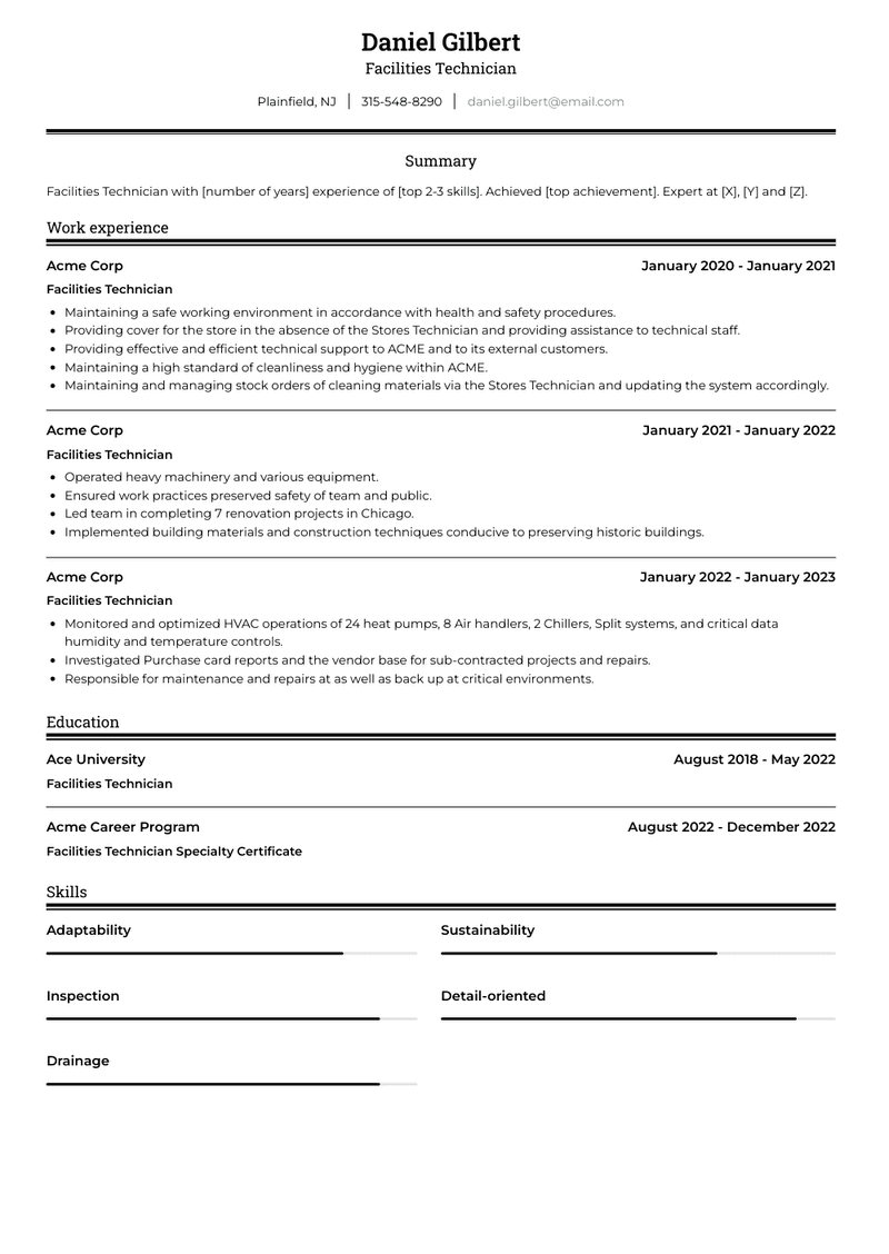 Facilities Technician Resume Sample and Template