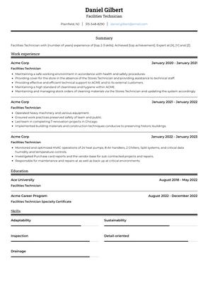 Facilities Technician Resume Sample and Template