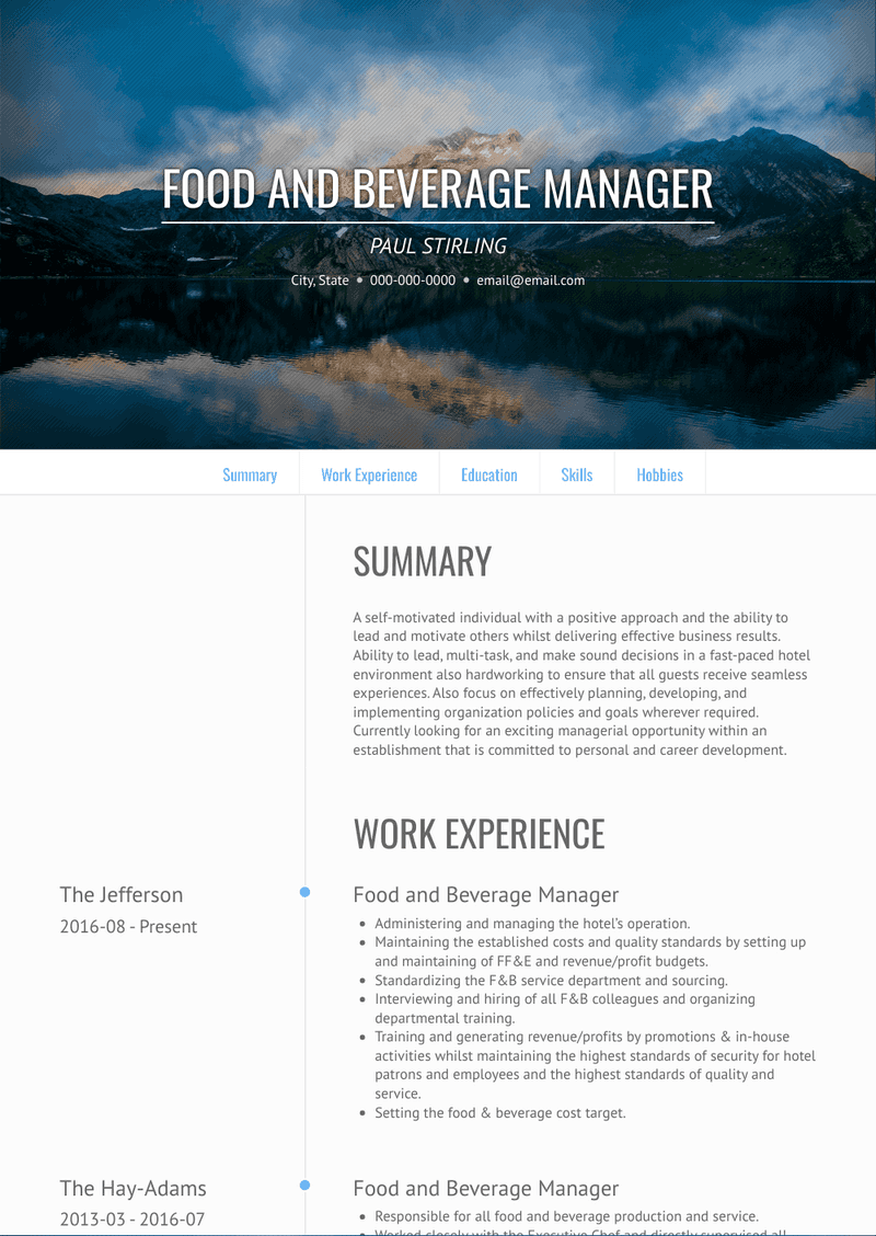 Food and Beverage Manager Resume Sample and Template