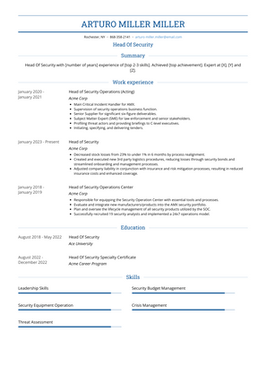 Head Of Security Resume Sample and Template