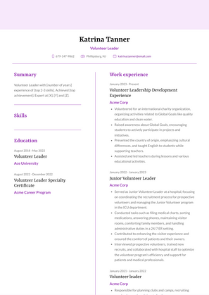 Volunteer Leader Resume Sample and Template