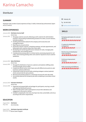 Distributor Resume Sample and Template