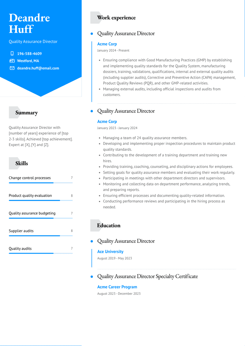 Quality Assurance Director Resume Sample and Template