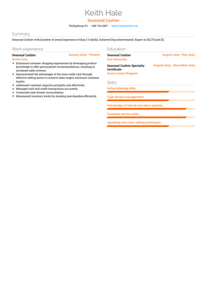 Seasonal Cashier Resume Sample and Template