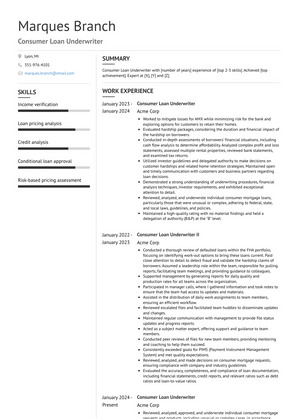 Consumer Loan Underwriter Resume Sample and Template