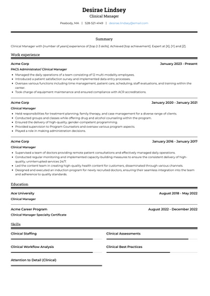 Clinical Manager Resume Sample and Template