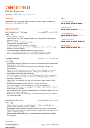 Cashier Supervisor Resume Sample and Template