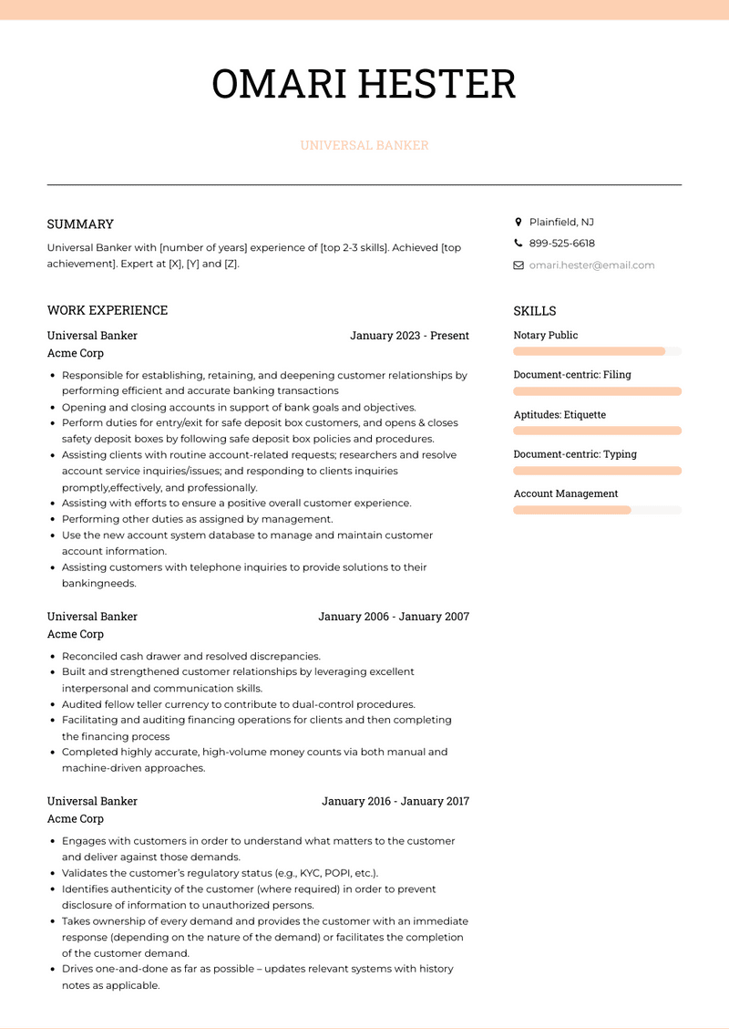 Universal Banker Resume Sample and Template