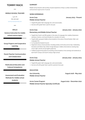 Middle School Teacher Resume Sample and Template