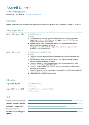 Certified Phlebotomist Resume Sample and Template
