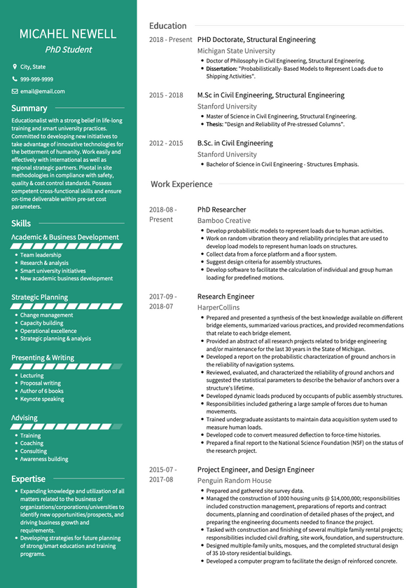 phd graduate cv example