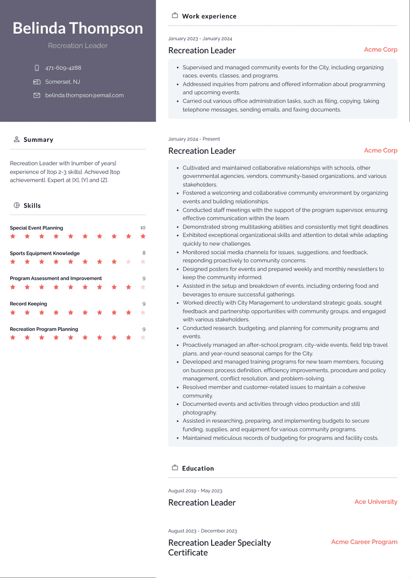 Recreation Leader Resume Sample and Template