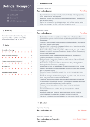 Recreation Leader Resume Sample and Template