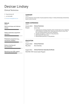 Clinical Technician Resume Sample and Template
