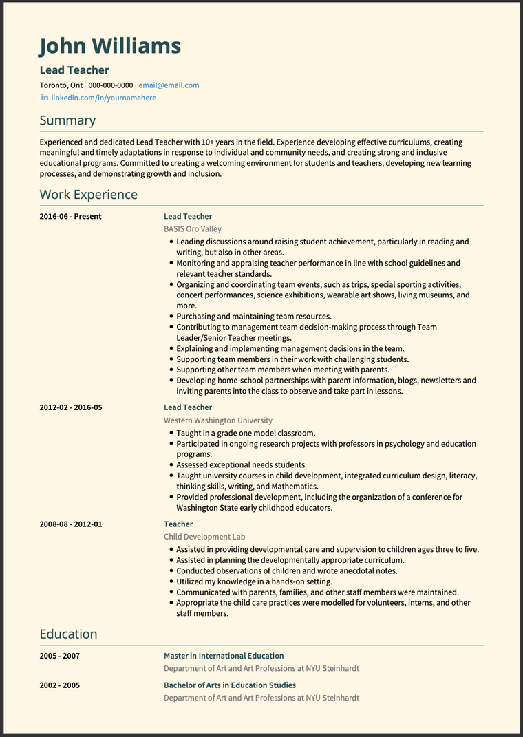 Lead teacher CV example