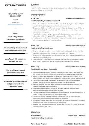 Health And Safety Coordinator Resume Sample and Template