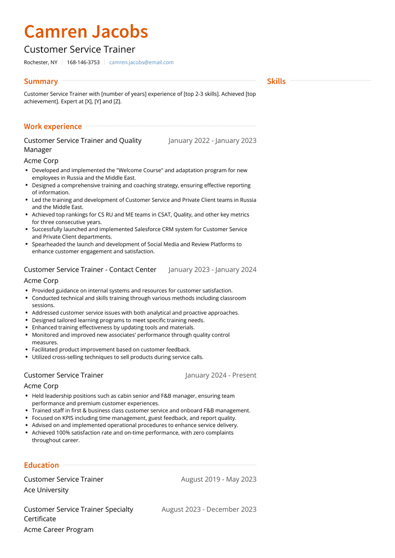 Customer Service Trainer Resume Sample and Template