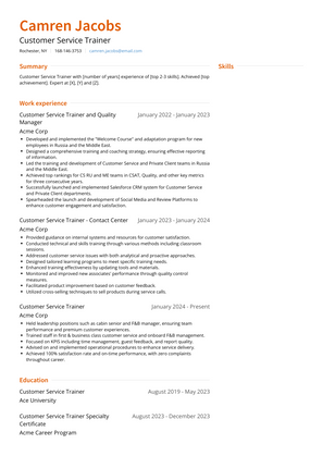 Customer Service Trainer Resume Sample and Template