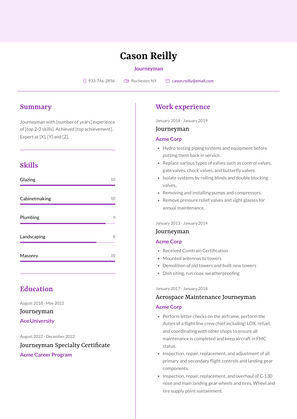 Journeyman Resume Sample and Template