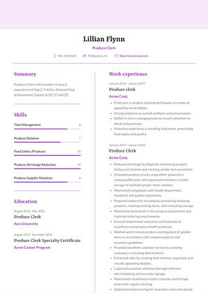 Produce Clerk Resume Sample and Template