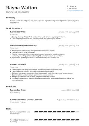 Business Coordinator Resume Sample and Template