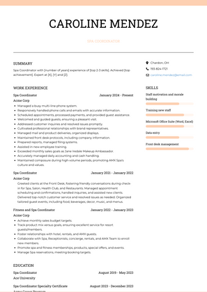 Spa Coordinator Resume Sample and Template