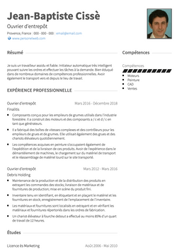 Ouvrier d'entrepôt Resume Sample and Template