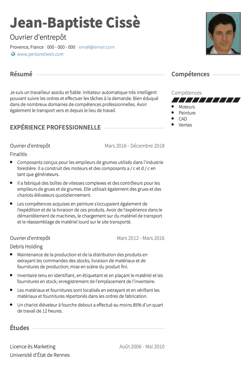 Exemple et modèle de CV Ouvrier d'entrepôt