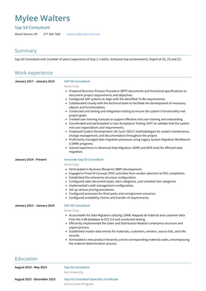 Sap Sd Consultant Resume Sample and Template