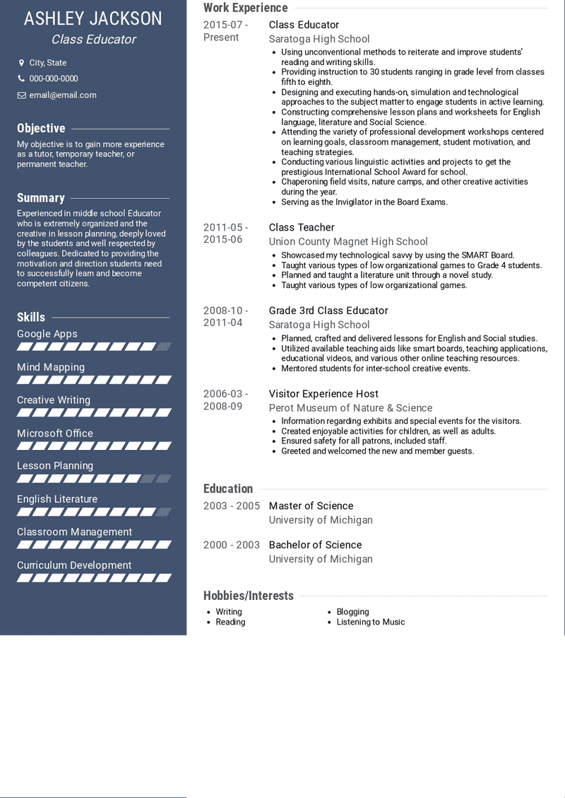 Class Educator Resume Sample and Template