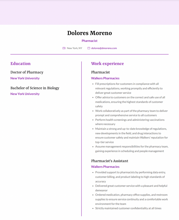 Pharmacist Resume Example