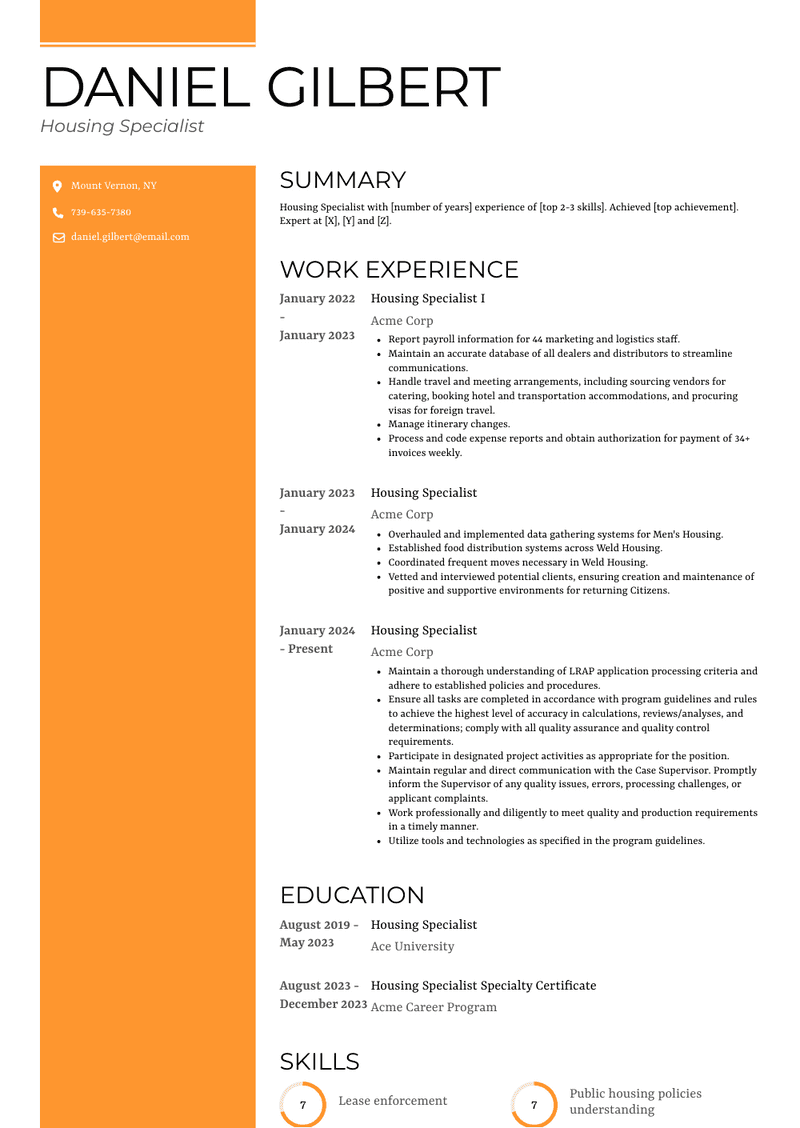 Housing Specialist Resume Sample and Template