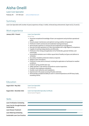 Lawn Care Specialist Resume Sample and Template