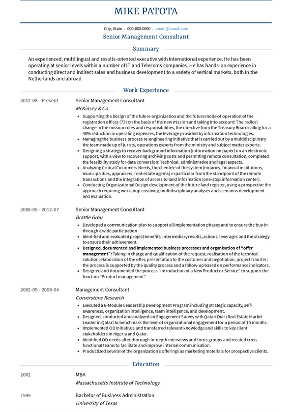 sample resume management consultant