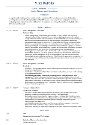 Senior Management Consultant Resume Sample and Template