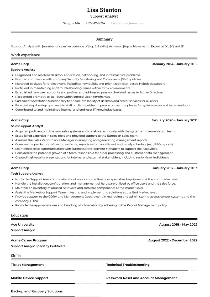 Support Analyst Resume Sample and Template