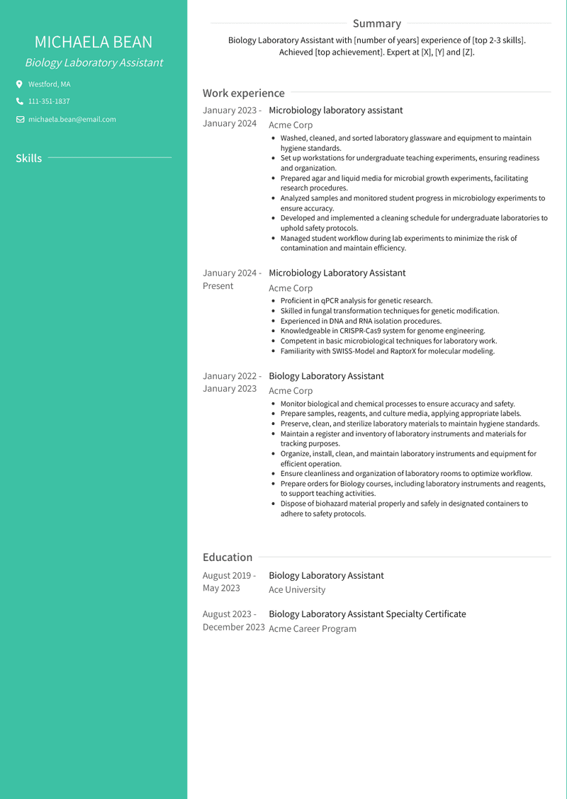 Biology Laboratory Assistant Resume Sample and Template