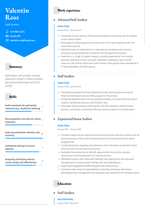 Staff Auditor Resume Sample and Template