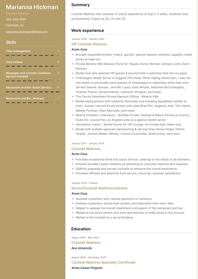 Cocktail Waitress Resume Sample and Template