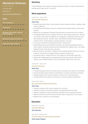 Cocktail Waitress Resume Sample and Template