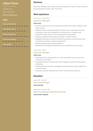 Sales Floor Manager Resume Sample and Template